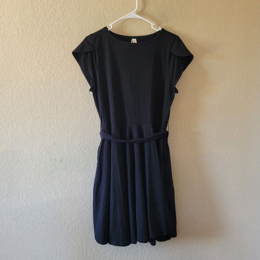 Pact Black Short Sleeve Fit & Flare Organic Cotton Dress Size Xl Pockets Belted